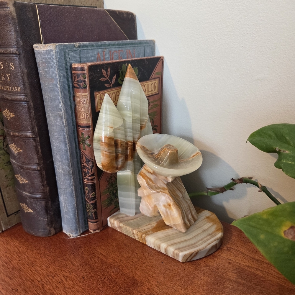 Vintage Hand Carved Onyx Sleeping Mexican And Cactus Bookend